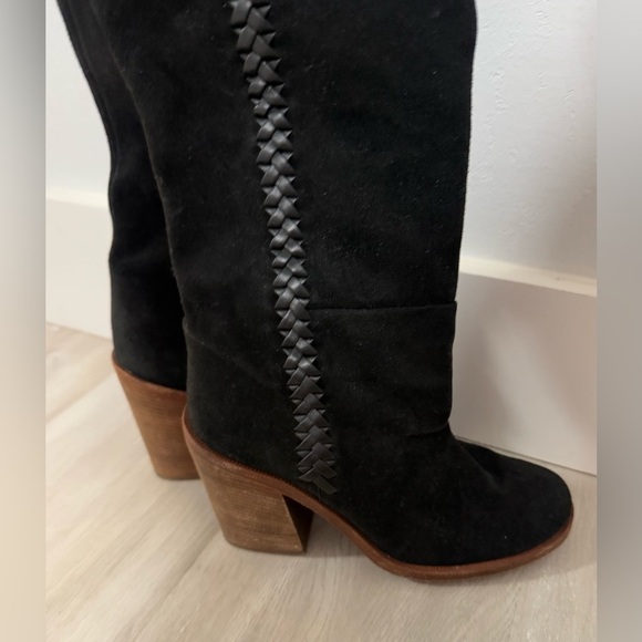 UGG Maeva Suede Knee High Boots Black Whipstitched Leather SZ 7 Runs Small - Picture 2 of 14
